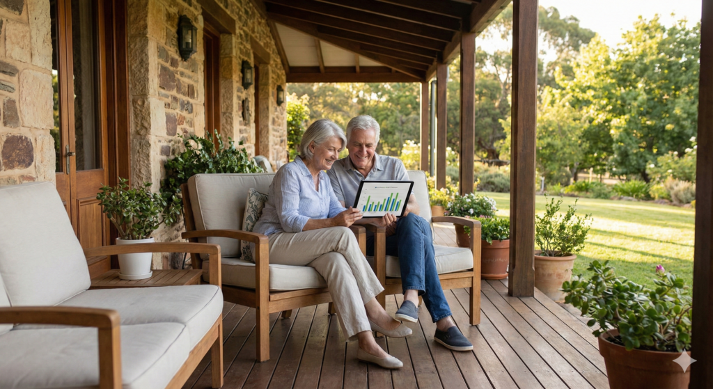 Casal desfrutando da aposentadoria imobiliária gerada por investimentos em consórcio.