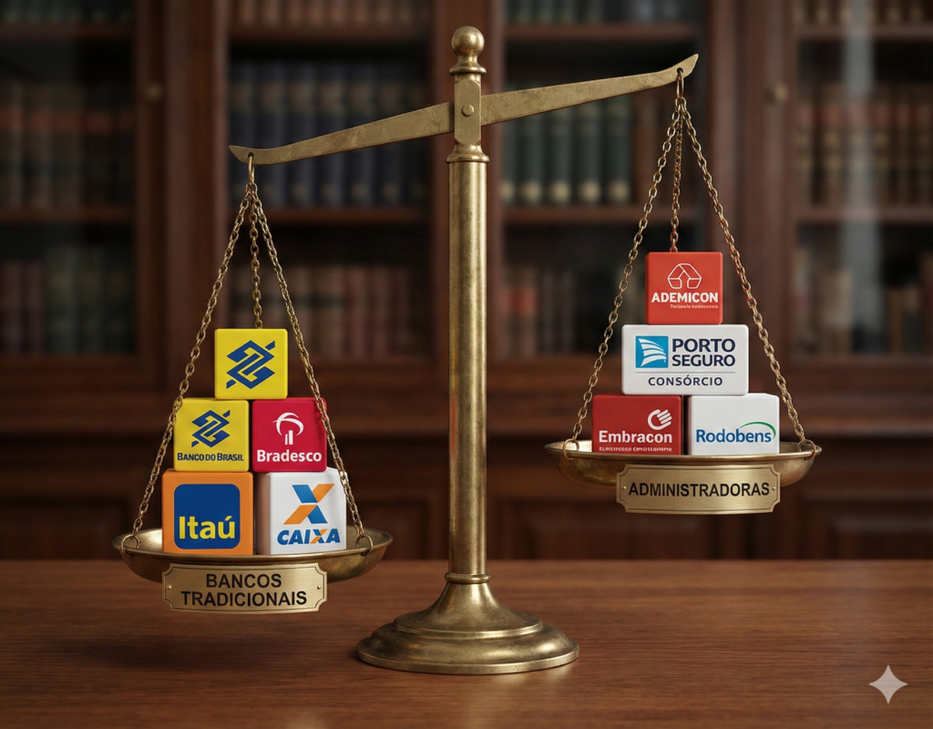 Balança comparando bancos tradicionais (Caixa, Itaú) contra administradoras especializadas (Ademicon), ilustrando a disputa Consórcio Caixa ou Ademicon.