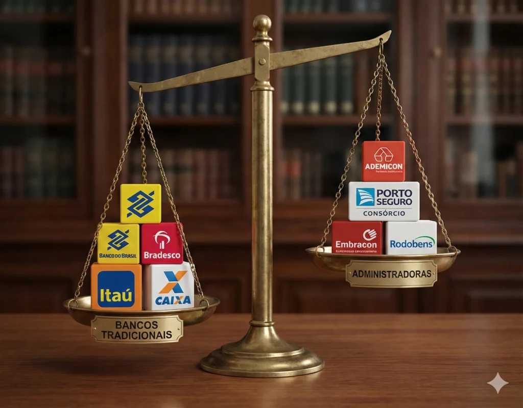 Balança comparando bancos tradicionais (Caixa, Itaú) contra administradoras especializadas (Ademicon), ilustrando a disputa Consórcio Caixa ou Ademicon.