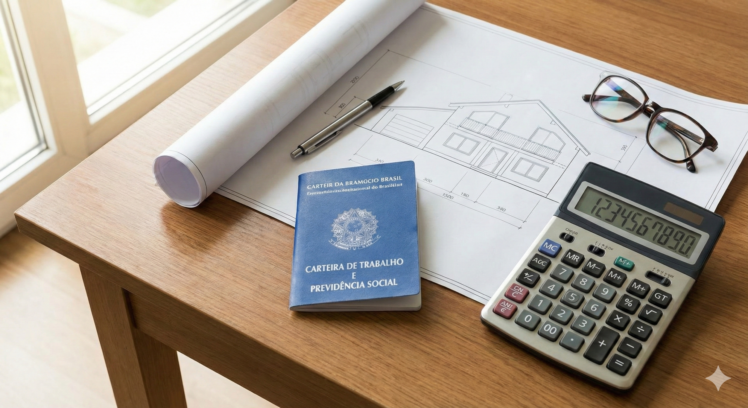 Carteira de trabalho e calculadora sobre mesa de escritório, ilustrando como usar consórcio de imóveis com FGTS.