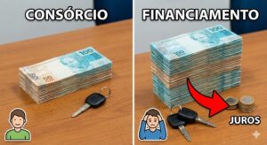 Comparação visual de custos: Consórcio (mais barato) vs Financiamento (mais caro)