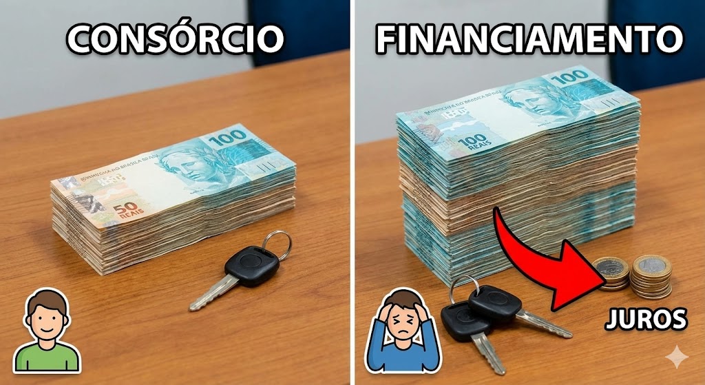 Comparação visual de custos: Consórcio (mais barato) vs Financiamento (mais caro)