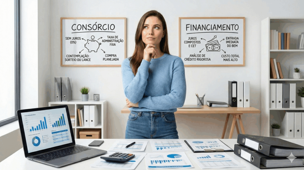 Mulher em dúvida entre placas de consórcio e financiamento