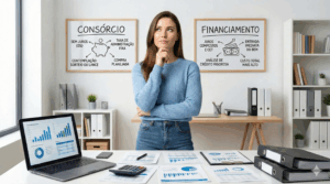 Mulher em dúvida entre placas de consórcio e financiamento