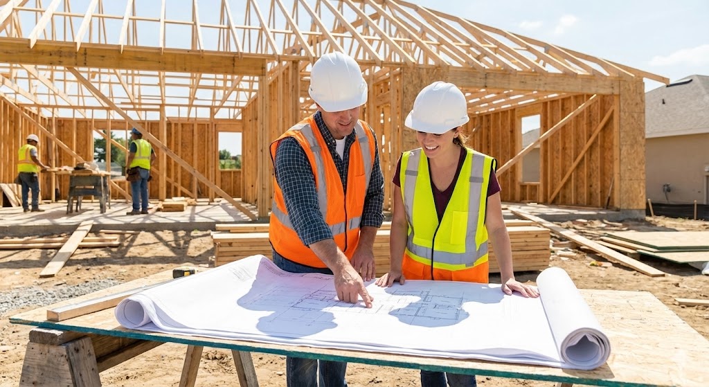 Casal analisando projeto de arquitetura em um canteiro de obras, utilizando consórcio para construção.