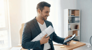 Homem sorrindo em um escritório, segurando uma calculadora, uma planta de casa e a chave de um carro, representando a estratégia do lance embutido no consórcio.