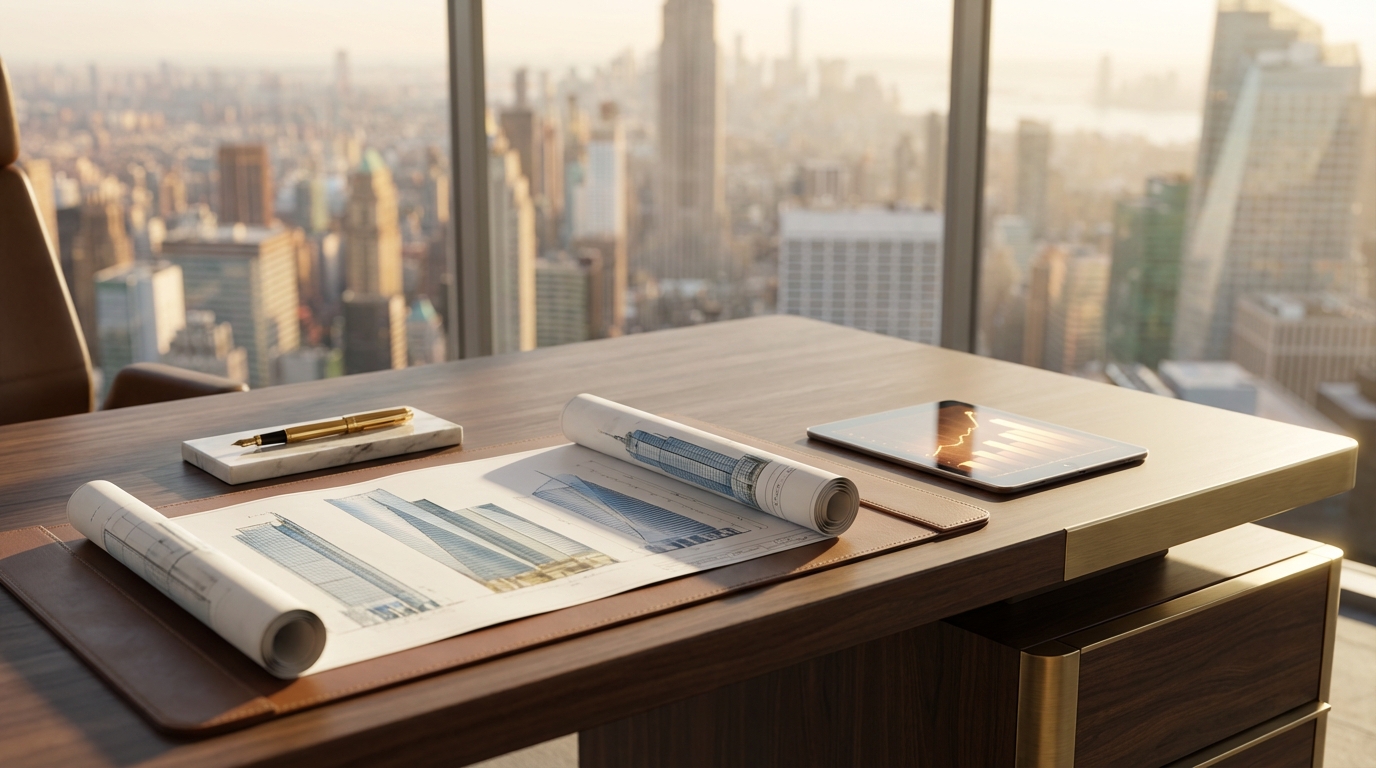 Mesa de escritório executivo com plantas de imóveis e gráficos financeiros, representando a alavancagem patrimonial com consórcio.