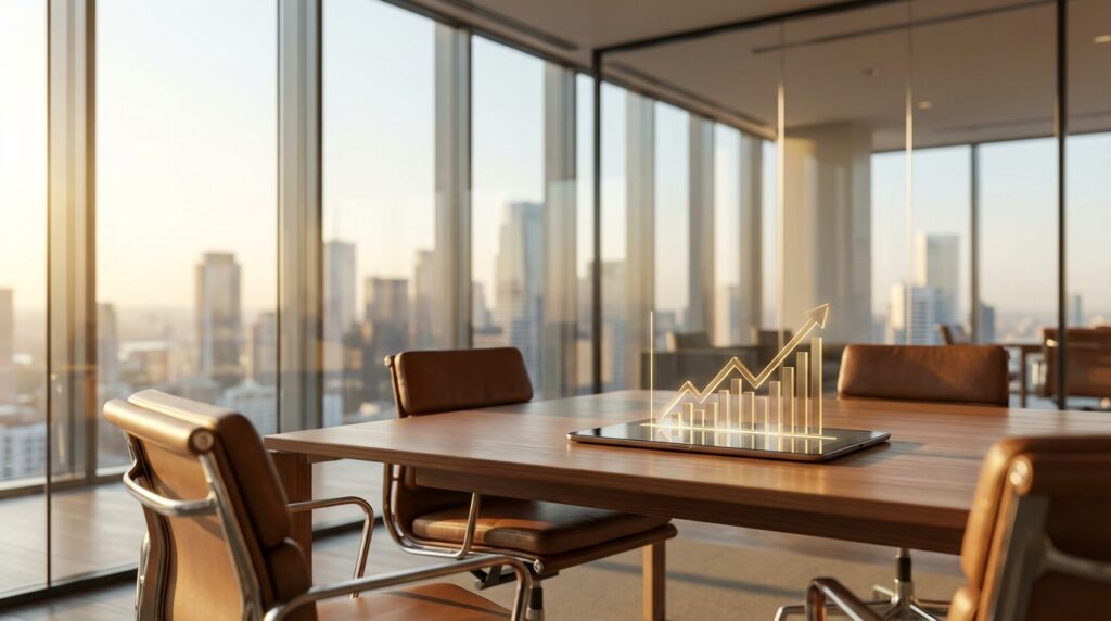 > Tablet em mesa de reunião exibindo gráficos financeiros, ilustrando como funciona um consórcio e o crescimento patrimonial na Ademicon.