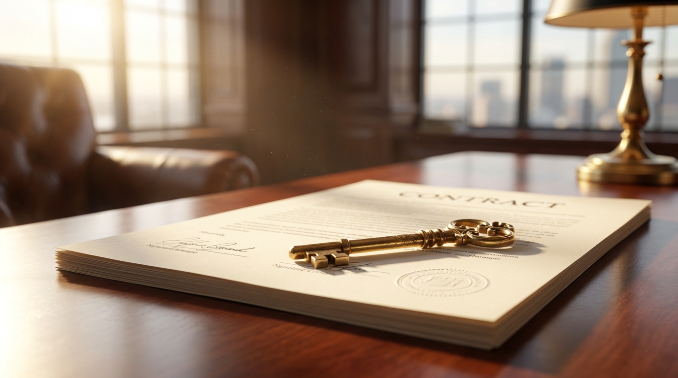 Chave dourada sobre contrato financeiro representando a conquista da carta de crédito Ademicon.