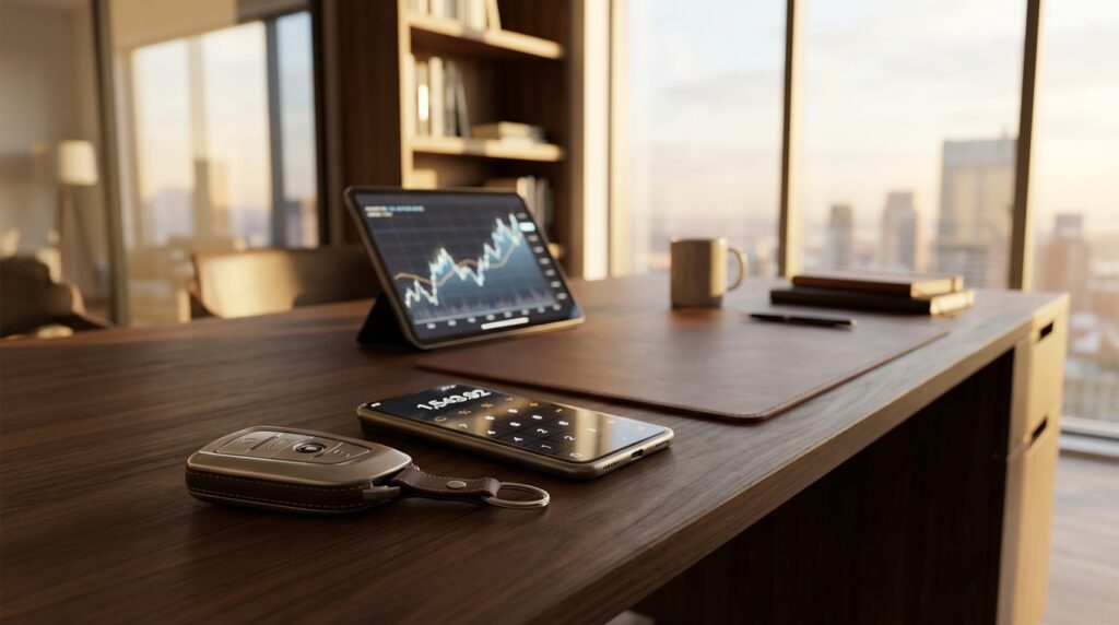 Chave de carro de luxo ao lado de uma calculadora e gráficos financeiros, ilustrando a análise de consórcio de carro vs financiamento.