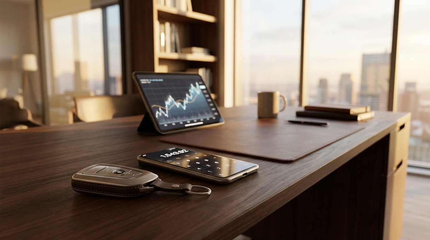 Chave de carro de luxo ao lado de uma calculadora e gráficos financeiros, ilustrando a análise de consórcio de carro vs financiamento.