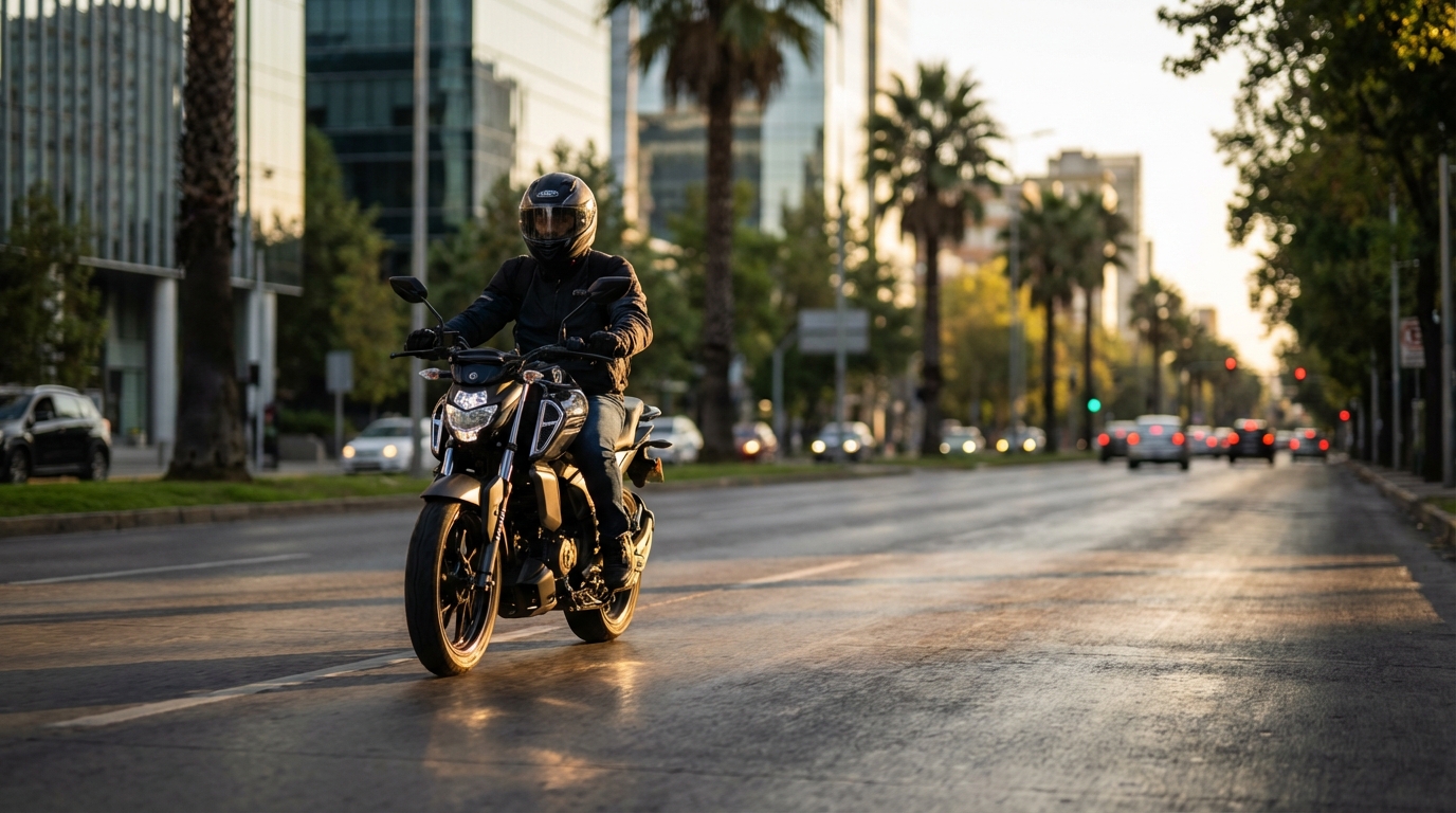 Motociclista pilotando uma moto urbana moderna em uma avenida ao pôr do sol, ilustrando a liberdade do consórcio de moto.