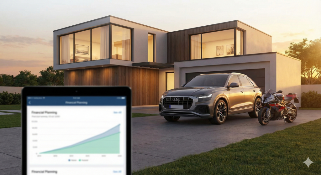 Casa moderna ao pôr do sol com um carro e uma moto na garagem, ilustrando os bens que podem ser conquistados no simulador de consórcio.