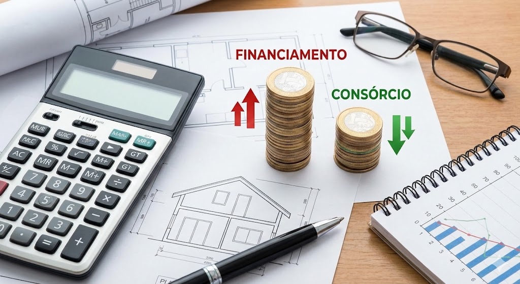 Calculadora financeira e planta de casa sobre a mesa, comparando quanto custa o consórcio de imóvel