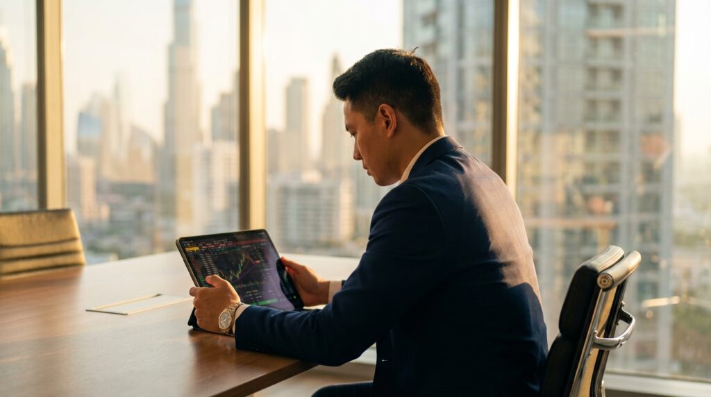 Pessoa de negócios analisando estratégias de investimento e lance no consórcio em um tablet moderno.