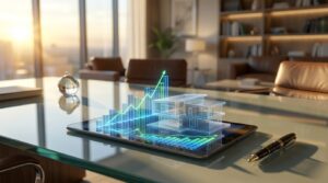 Tablet sobre mesa de escritório exibindo gráficos financeiros, representando a estratégia de lance embutido no consórcio.