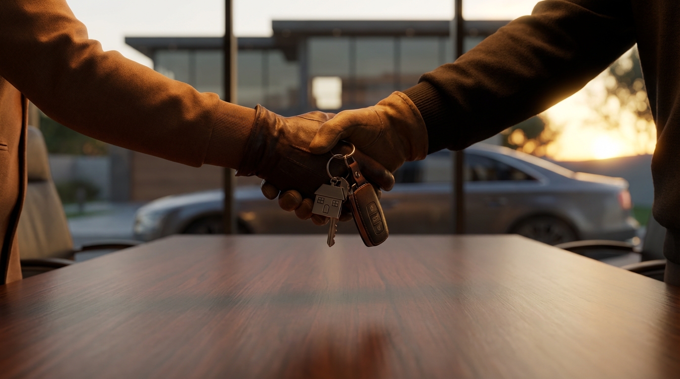 Aperto de mãos profissional simbolizando a negociação segura de um consórcio contemplado, com chaves de casa e carro em destaque.