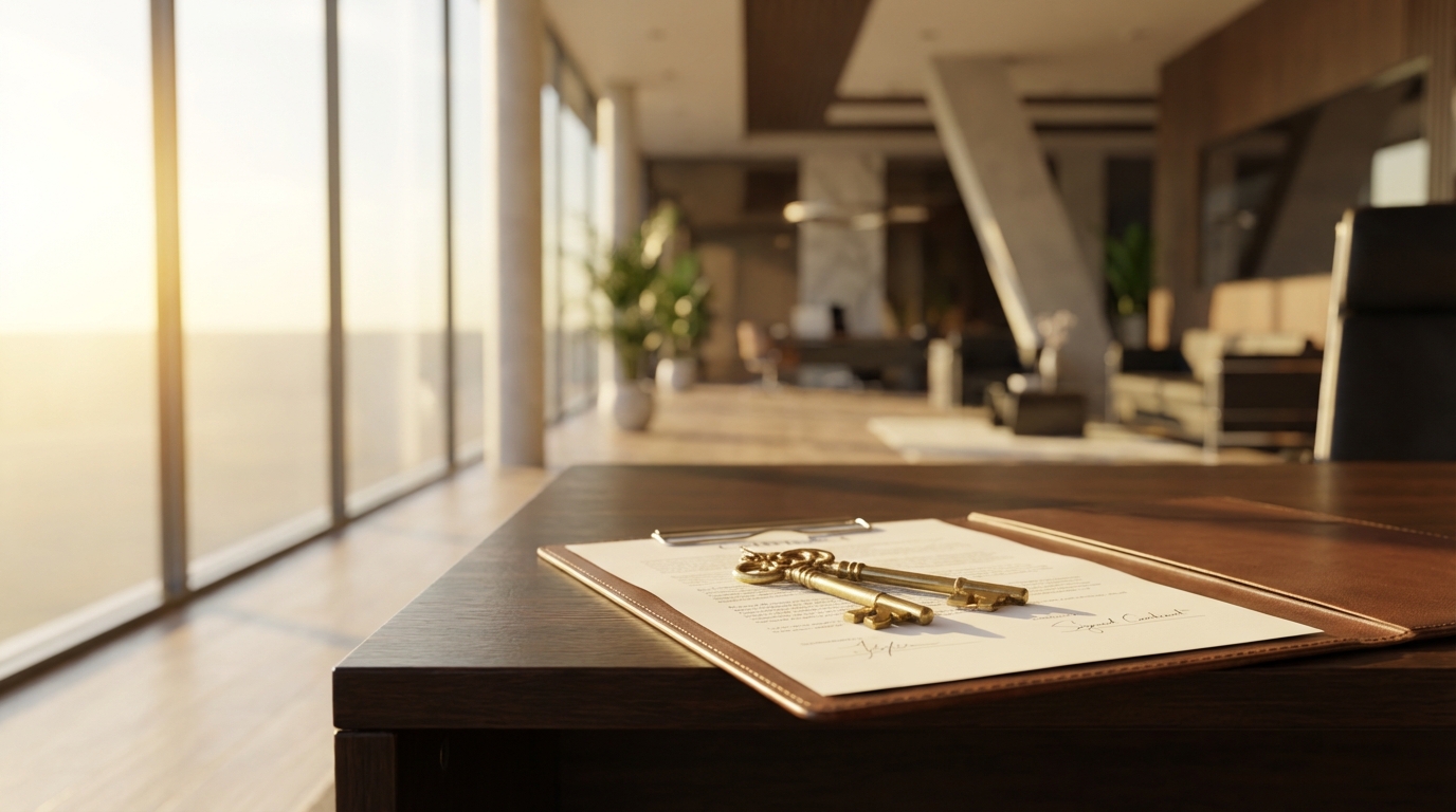 Chaves de um imóvel novo sobre um contrato assinado, representando a aquisição de uma carta de crédito contemplada com sucesso.