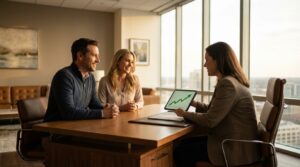 Casal analisando gráfico financeiro com consultor para entender se consórcio é furada.