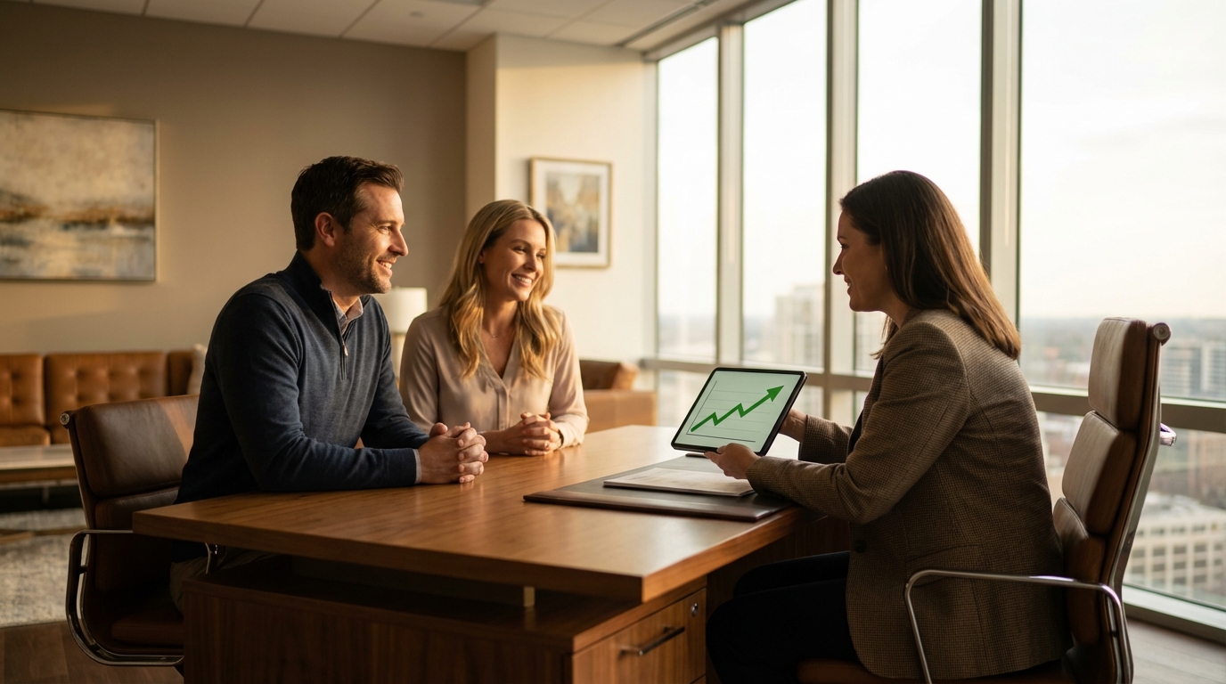 Casal analisando gráfico financeiro com consultor para entender se consórcio é furada.