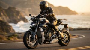 Motociclista pilotando em estrada cênica representando a liberdade de escolha no consórcio de moto.