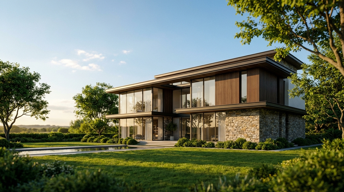 Fachada de uma casa de luxo moderna iluminada pelo sol, representando a conquista da casa própria através do Consórcio Imobiliário.
