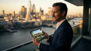 Homem utilizando tablet em varanda no exterior analisando um projeto de casa de luxo, ilustrando o consórcio de imóveis para brasileiros no exterior.