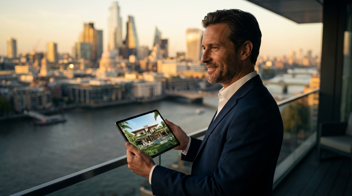 Homem utilizando tablet em varanda no exterior analisando um projeto de casa de luxo, ilustrando o consórcio de imóveis para brasileiros no exterior.